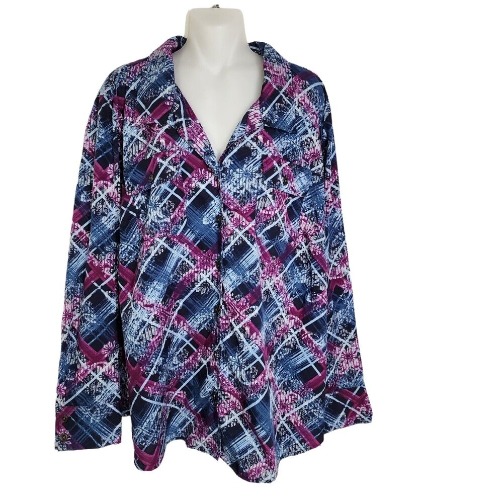 Gloria Vanderbilt Casuals Women Top Size 2X Button Plaid Floral Blue Pink Pocket